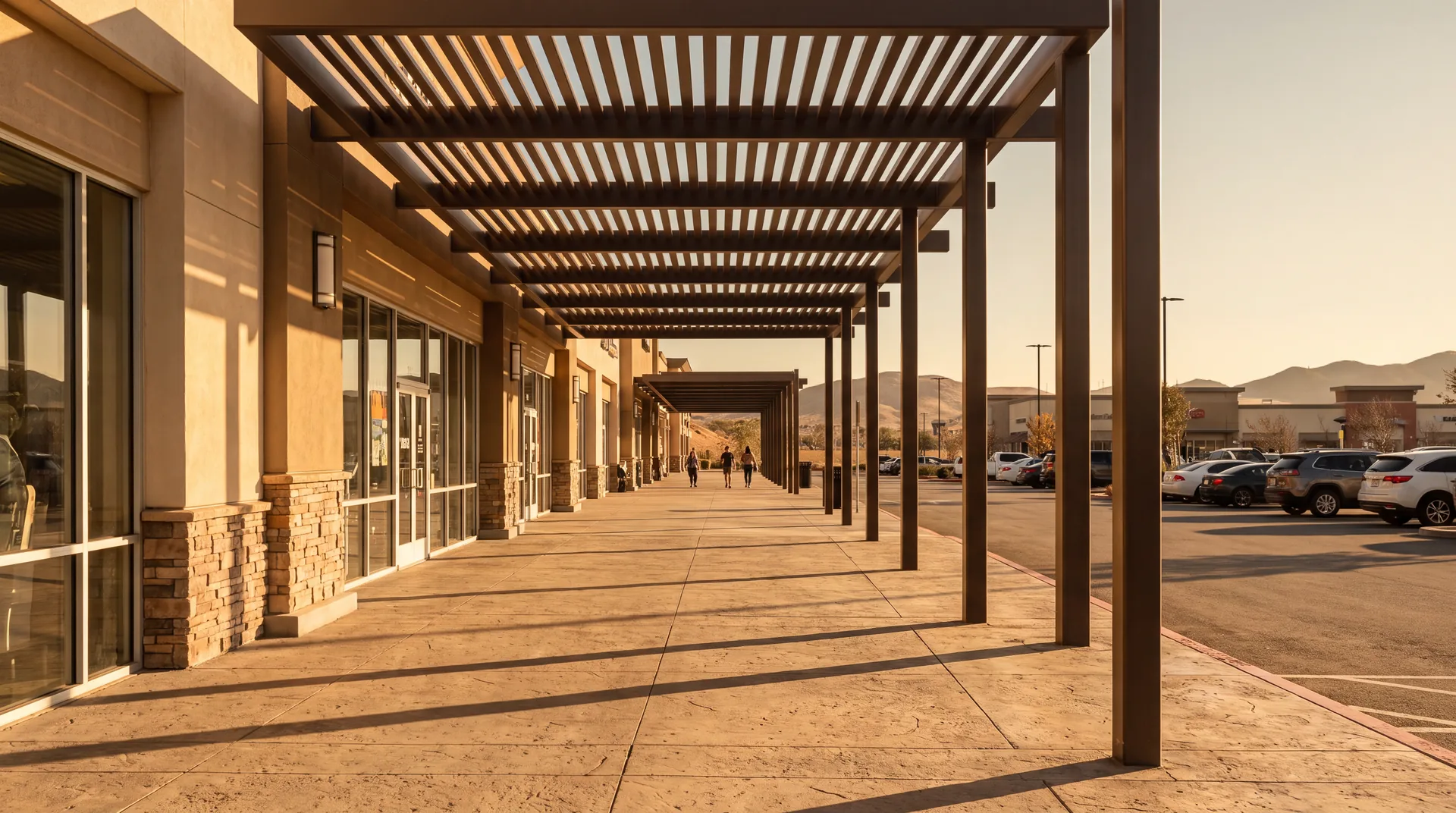 A covered walkway running along a retail plaza storefront in late afternoon light