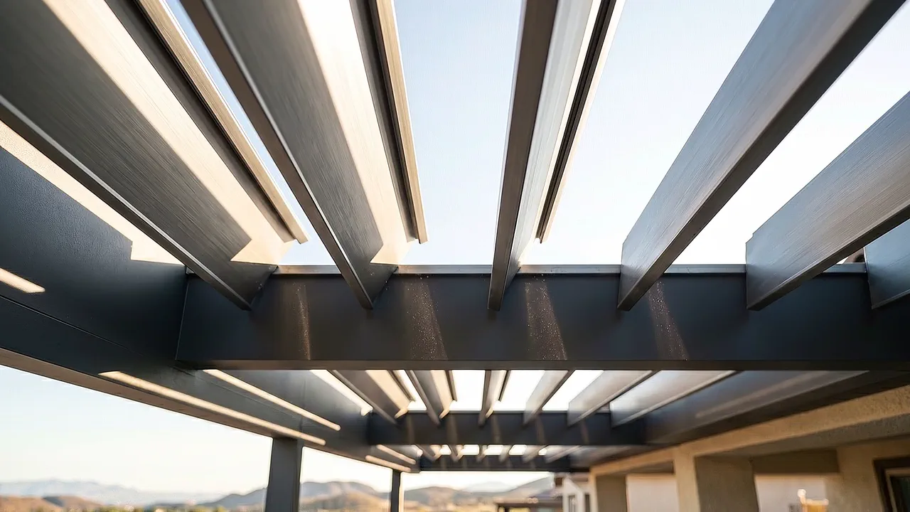 Aluminum motorized louver blades rotating from fully open to fully closed