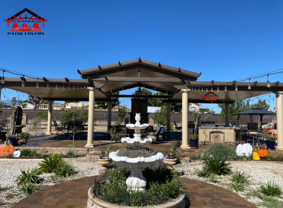 Pergola and fountain courtyard photographed in daylight