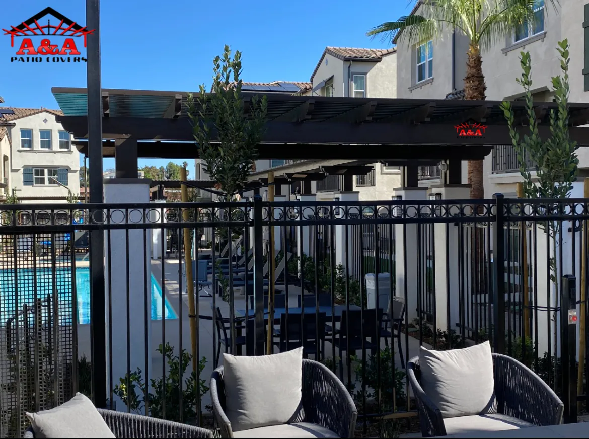 Pergola shade structure with palms at a multi-family residential community