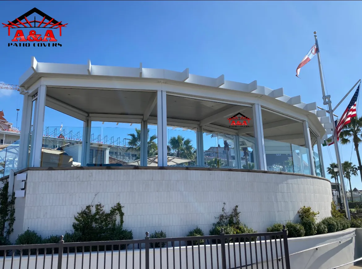 White canopy over a commercial deck and railing